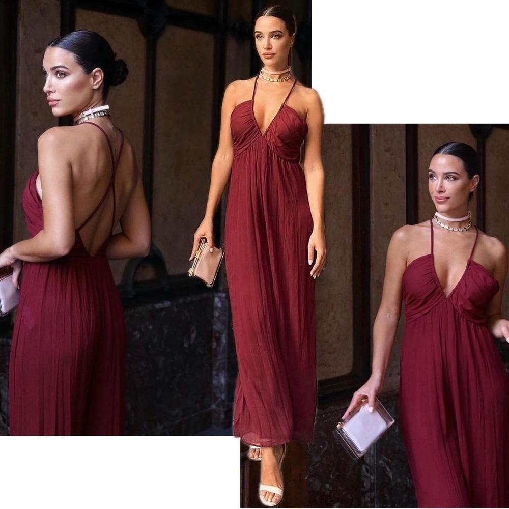 Zara burgundy V-neck crisscross spaghetti strap wide leg jumpsuit Sz S NWT - Picture 2 of 16